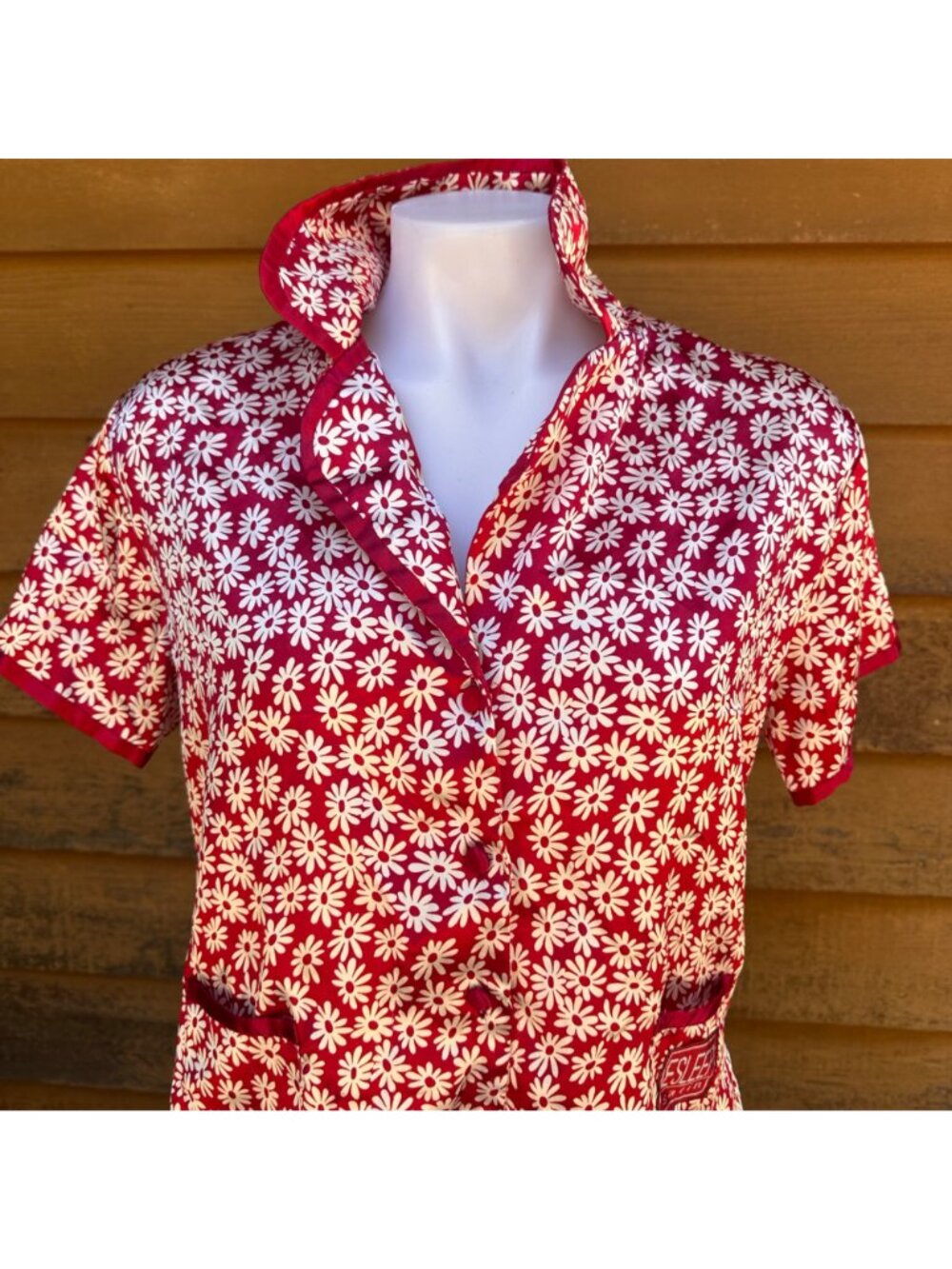 Vintage E-Sleep Red & White Daisy Print Button-Up Pajama Top 90s Medium - Picture 4 of 10
